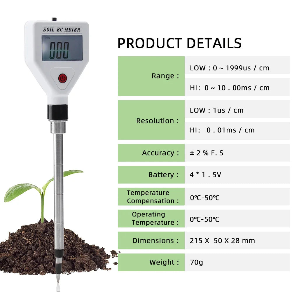 Professional Soil EC Meter 0-1999us/cm High Precision Metal Probe ATC Digital Conductivity Tester for Flower Gardening Farmland