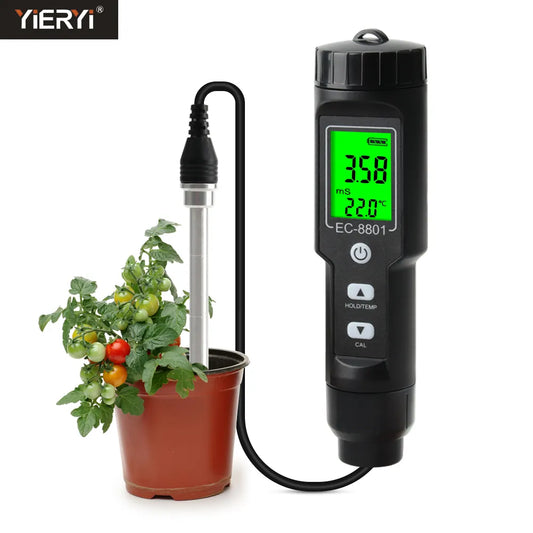 Digital EC/Temp Soil Tester 0.00~10.00mS/cm Conductivity Meter Waterproof Sensor Earth Analyzer with ATC Planting Garden Outdoor